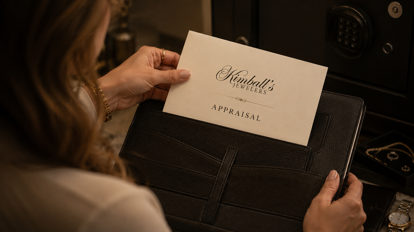 A close-up lifestyle shot of an official Kimball's appraisal envelope being stored securely in a portfolio to emphasize the importance of getting a legal appraisal for jewelry
