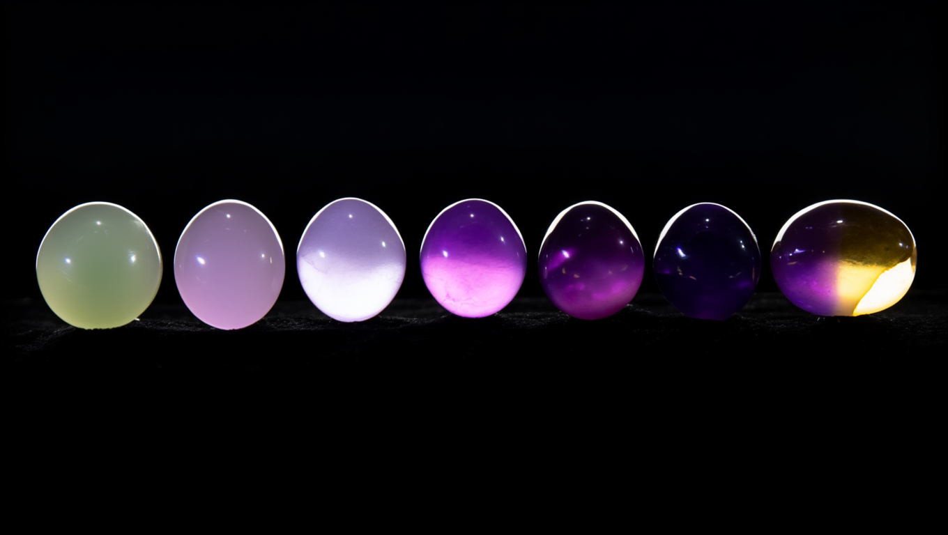 Different shades of amethyst gemstones arranged in a row, highlighting color variation from light lavender to deep purple.
