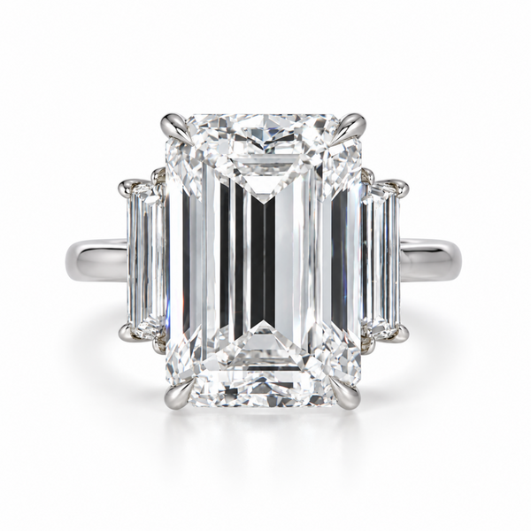 Platinum 11.58ctw Emerald and Trapezoid Cut Diamond Engagement Ring