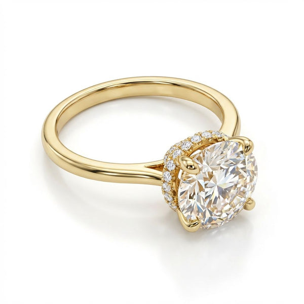 14k Yellow Gold Round Brilliant Cut Diamond Engagement Ring with Hidden Halo