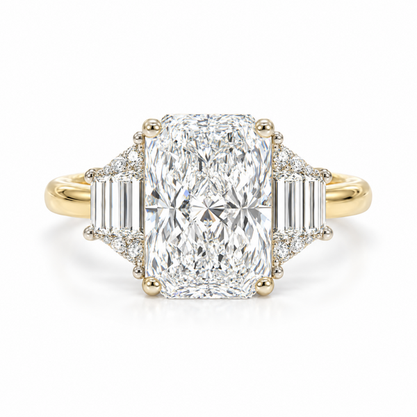18k 5.38ctw Radiant Cut D-Color and Trapezoid Diamond Engagement Ring