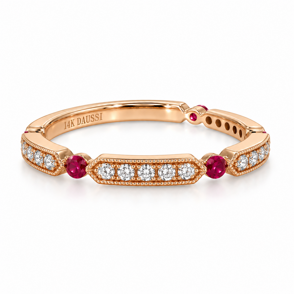Henri Daussi 14k Rose Gold Alternating Ruby and Diamond Pave Band Ring