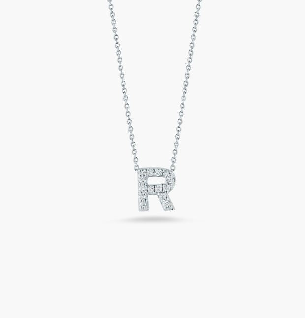 Roberto Coin Tiny Treasures Love Letter R Pendant necklace in 18K gold with diamond accents