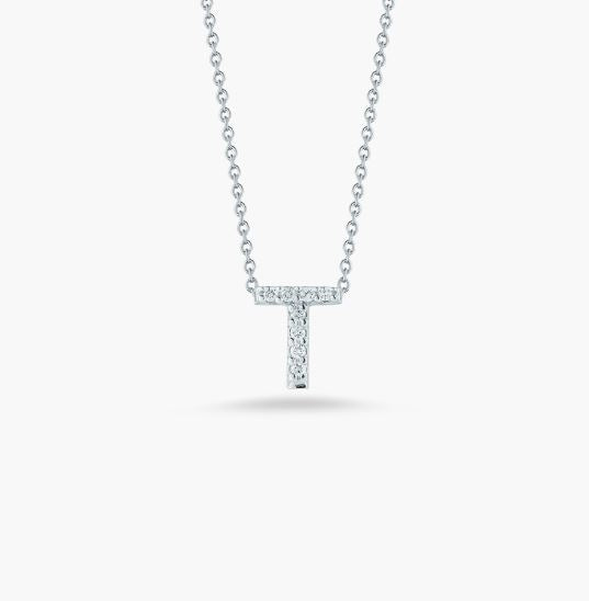 Roberto Coin Tiny Treasures Love Letter T Pendant necklace in 18K gold with diamond accents