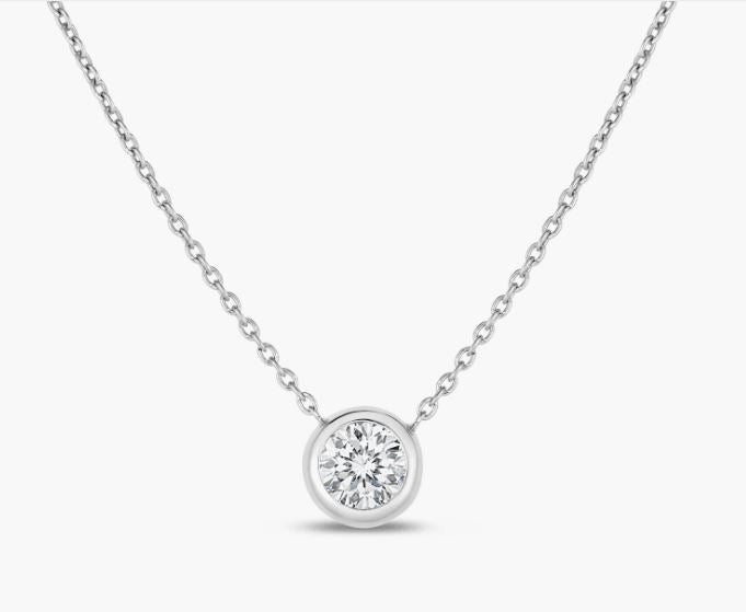 Roberto Coin Diamonds by the Inch Bezel Set Solitaire Necklace in 18K gold with bezel-set diamond pendant