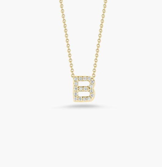 Roberto Coin Tiny Treasures Diamond Love Letter B Necklace in 18K gold with diamond pendant