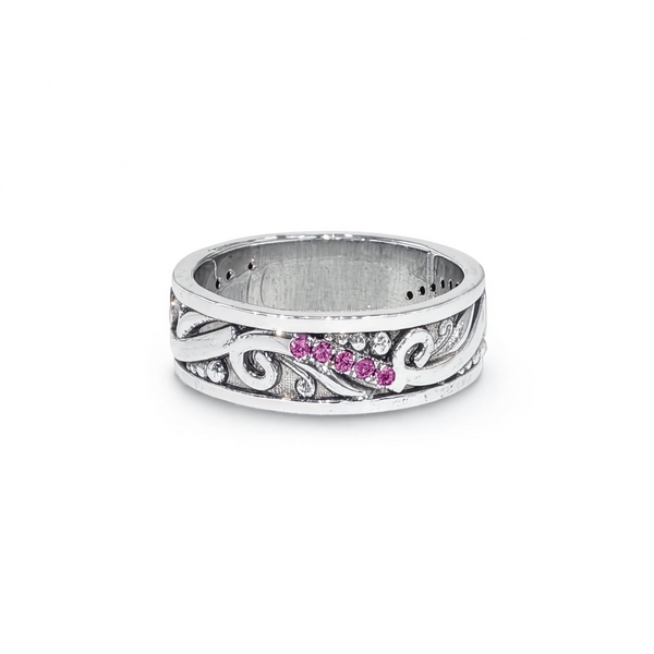 Estate 14k Pink Sapphire and DIamond Floral Band Ring