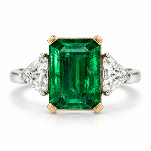 18k Two-Tone 11.67ct Emerald and 3.0ctw Trillion Diamond Statement Ring