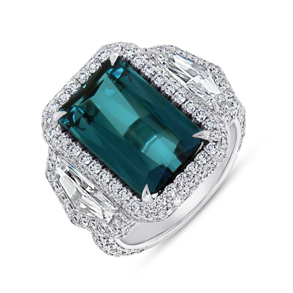 Uneek Precious Collection Three-Stone Emerald Cut Green Tourmaline Engagement Ring