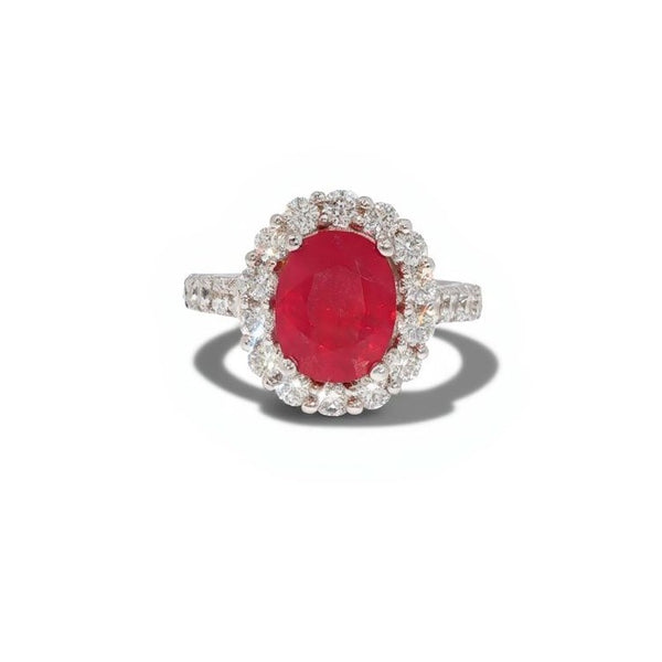 18k White Gold Oval Ruby and Diamond Halo Ring