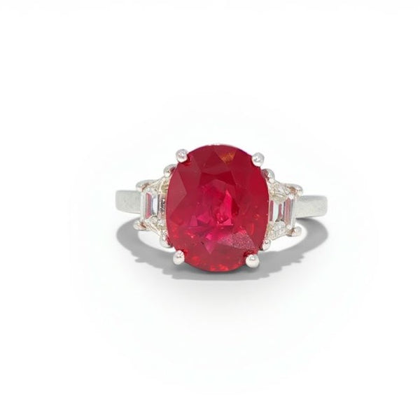 18k Cushion Ruby and Trapezoid Diamond Ring