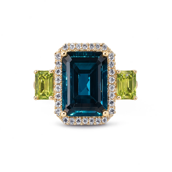 House of Kimball's | 14k London Blue Topaz, Peridot and Diamond Designer Ring