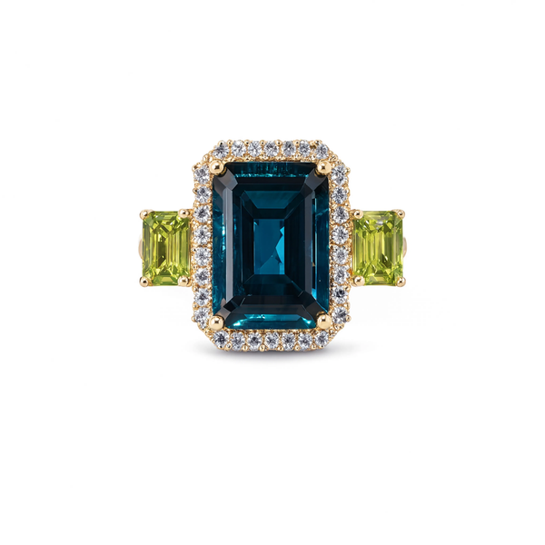 House of Kimball's | 14k London Blue Topaz, Peridot and Diamond Designer Ring