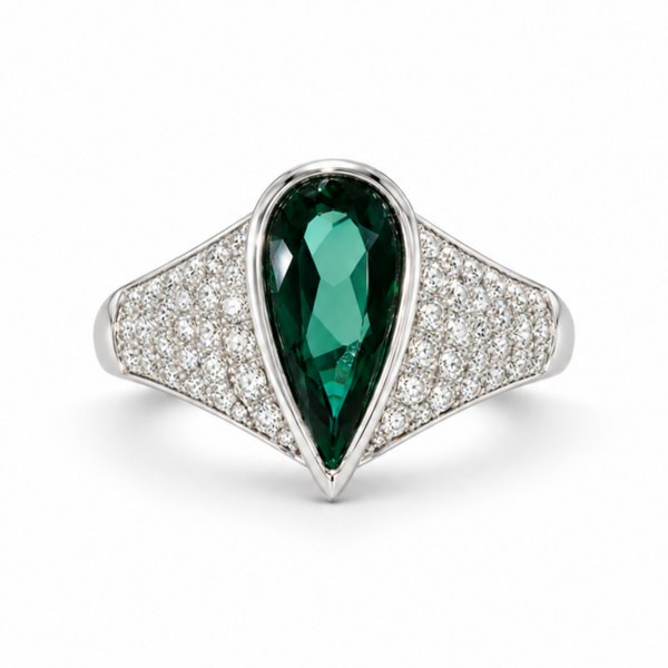 18kBlue-Green Pear Shape Tourmaline and Diamond Designer Ring