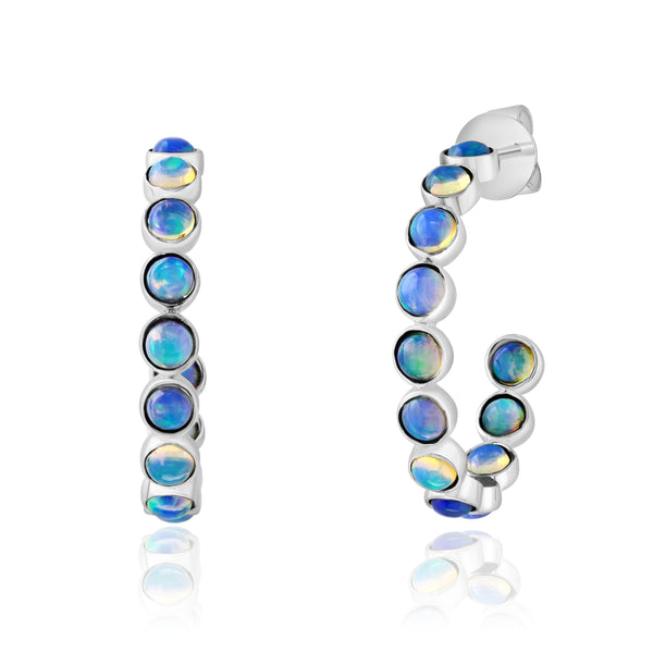 David Kord 18k Bezel Set 3mm Opal J-Hoop Earrings