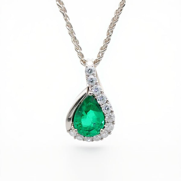 14k White Gold Pear Shape Emerald and Diamond Tear Drop Necklace