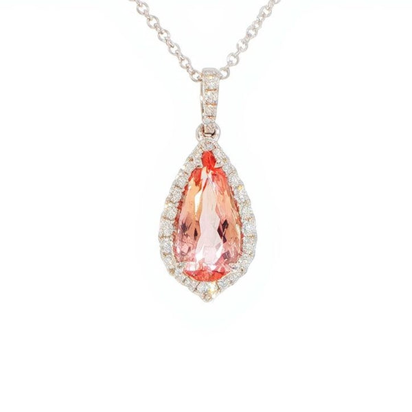 18k Pear Shape Imperial Pink Topaz and Diamond Pendant Necklace