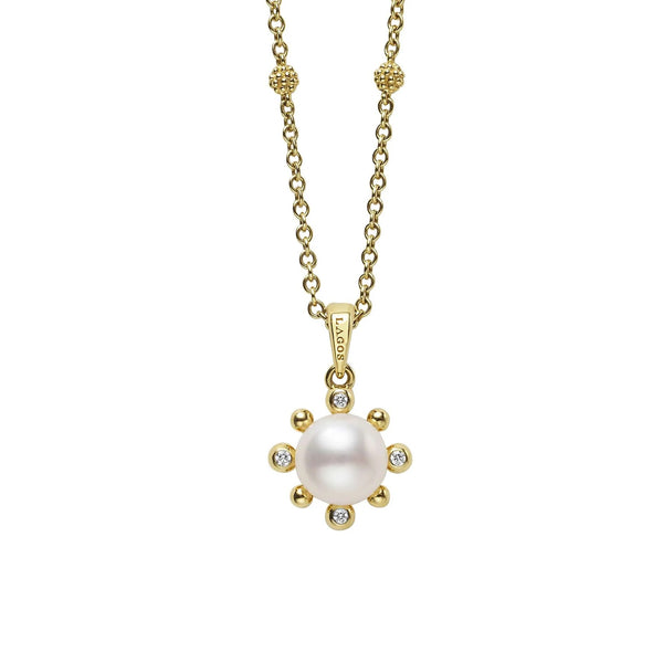 Lagos 18K Gold Fleur Pearl Diamond Pendant Necklace