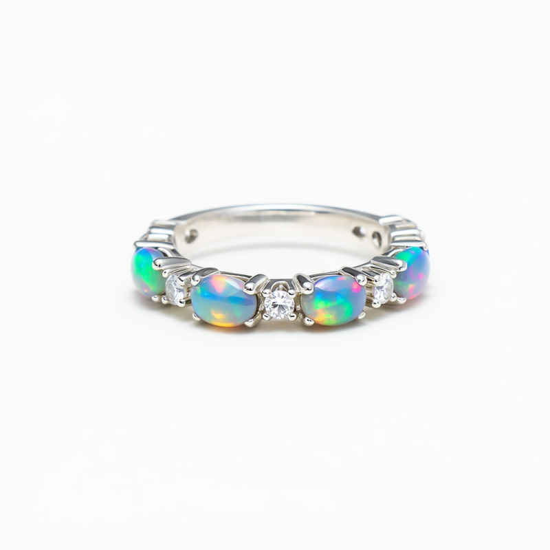 A white gold multi stone band featuring fiery oval cabochon opals alternated with round brilliant white diamonds, crafted by a custom jewelry creator