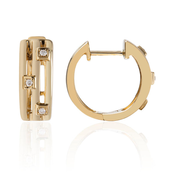 14K Yellow Gold Mini Squares Diamond Hoop Earrings - Precious Metal Earrings
