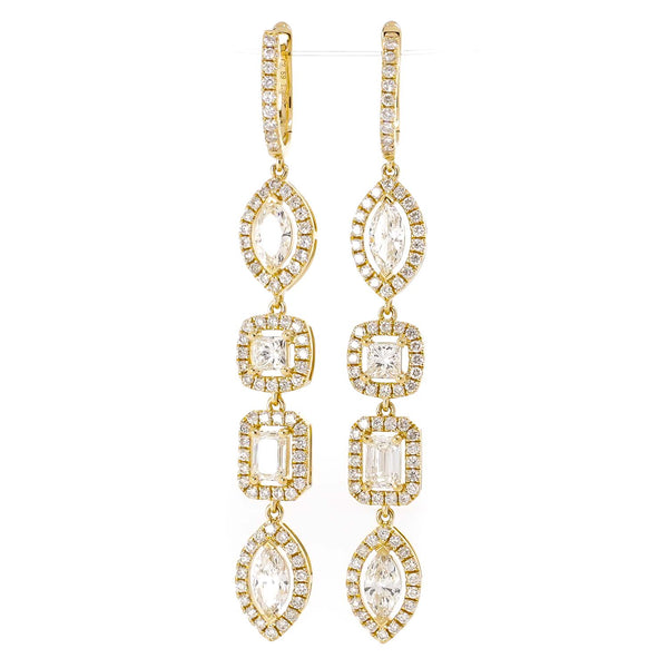 18K Yellow Gold 3.78ctw Mixed Shape Diamond Dangle Earrings