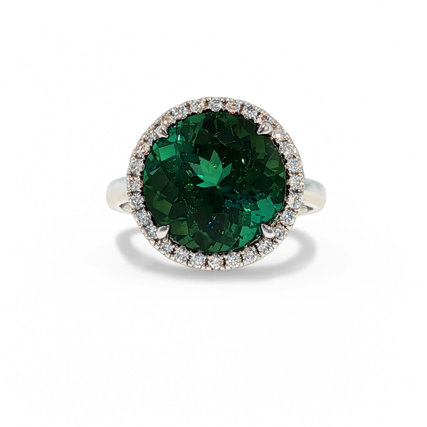 David Kord 18k 8.32ctw Green Tourmaline and Diamond Halo Ring
