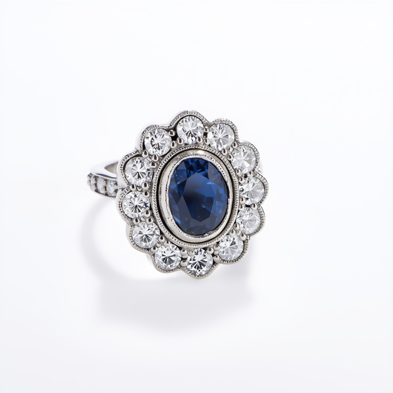 An oval cut deep blue sapphire engagement ring surrounded by a floral scalloped diamond halo with milgrain details, designed by a custom jewelry creator