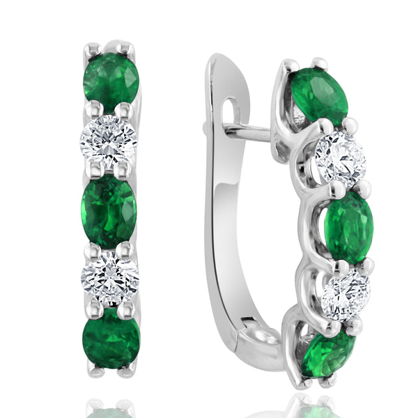 David Kord 14k Oval Emerald and Round Diamond Hoop Earrings