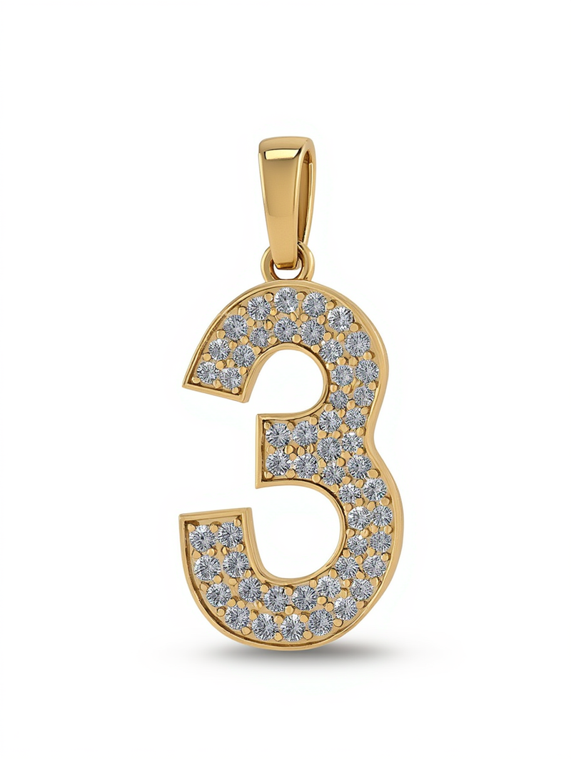 A yellow gold number three charm pendant fully pave set with round white diamonds, crafted by a custom jewelry creator