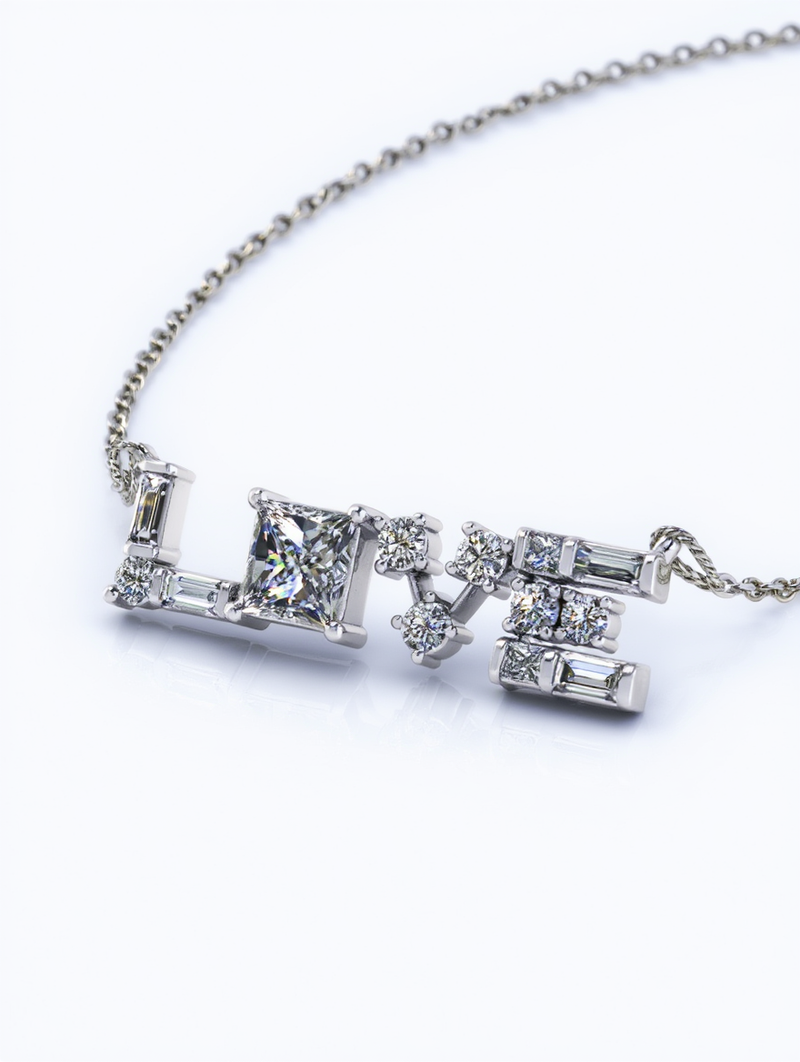A typographic custom jewelry creator necklace spelling out LOVE in a mix of princess cut and round brilliant diamond settings