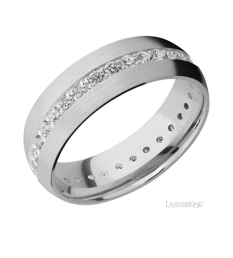 A modern mens wedding band featuring a brushed platinum finish and a continuous channel of round brilliant diamonds by a custom jewelry creator