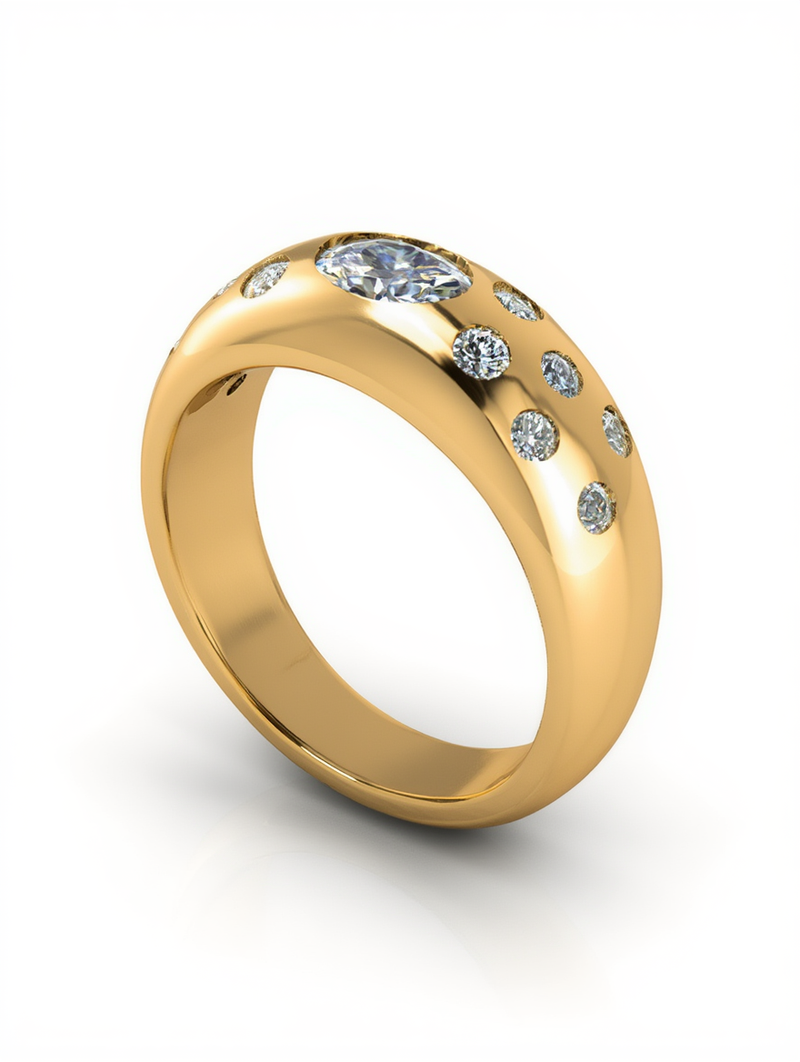 A polished yellow gold thick dome ring featuring a flush set marquise diamond center surrounded by scattered round diamond accents by a custom jewelry creator