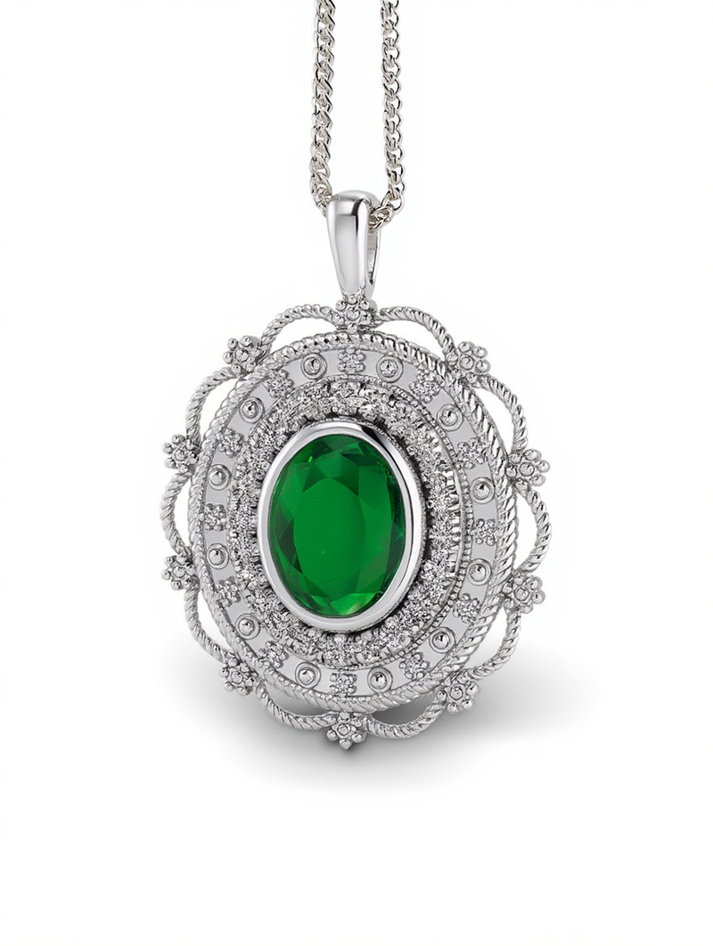 An oval green emerald gemstone set inside an intricate white gold filigree medallion pendant with rope borders from a custom jewelry creator