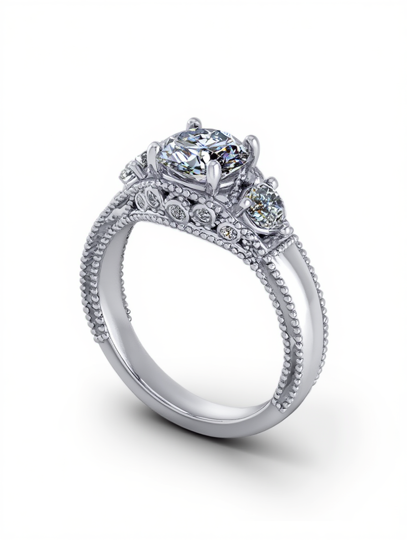 An intricate vintage-inspired white gold three stone diamond ring featuring extensive milgrain borders scrollwork galleries and pave diamond accents on the band crafted by a custom jewelry creator